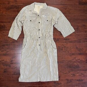 VINTAGE 1980s Ideas Shirt Dress Striped Jumper Tan Black Size Medium Vtg 80s